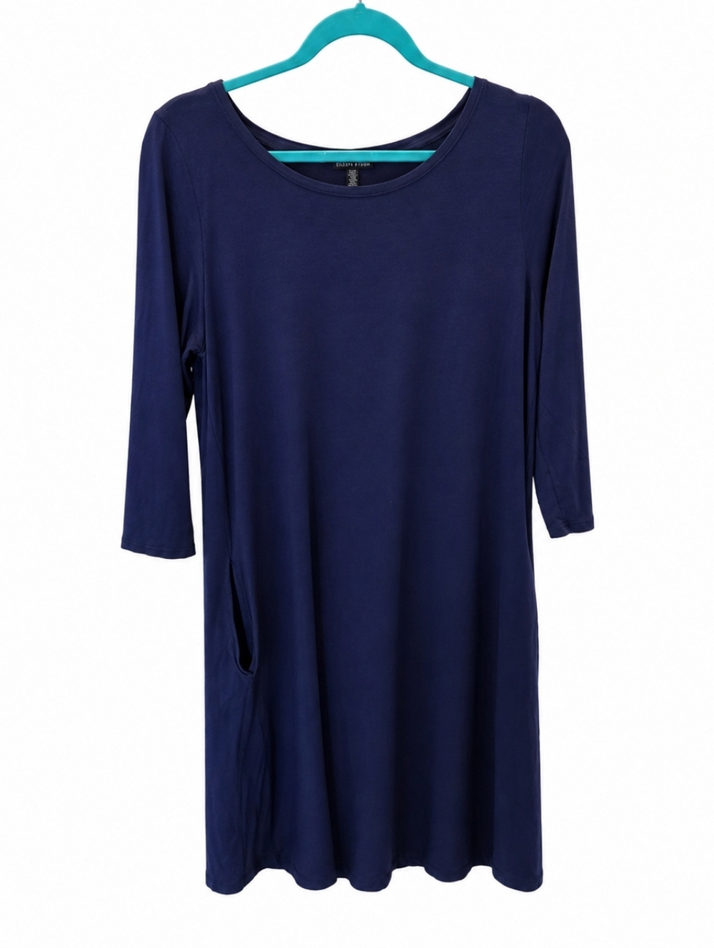 Eileen Fisher Navy Blue Knit Dress 3/4 Sleeve Pocket Shift Size M